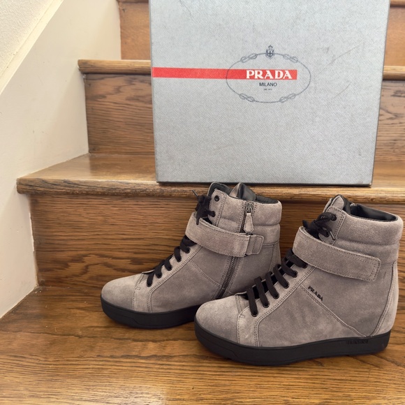 Prada Wedge Suede Ankle Booties Lace Up + Velcro + Zipper 39 / 9 - Picture 1 of 13